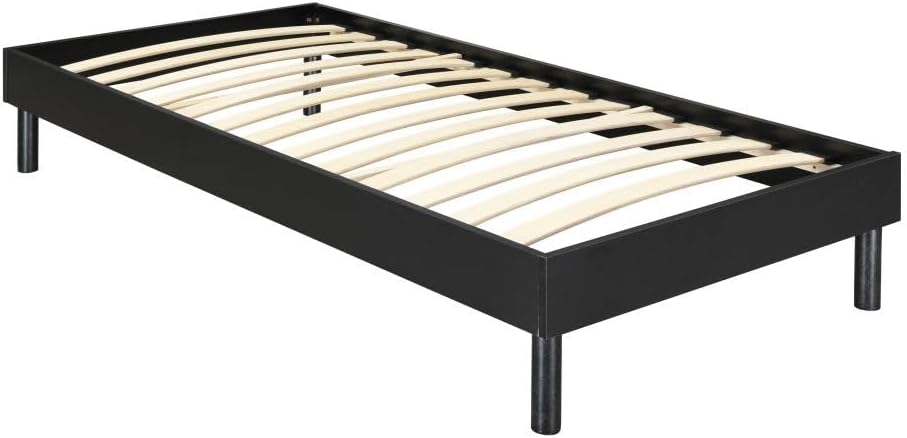 Components of the Vente-unique MUCHIGAN YSMÉE 90 x 190 cm Black Slatted Bed Base, showing the black frame and wooden slats.