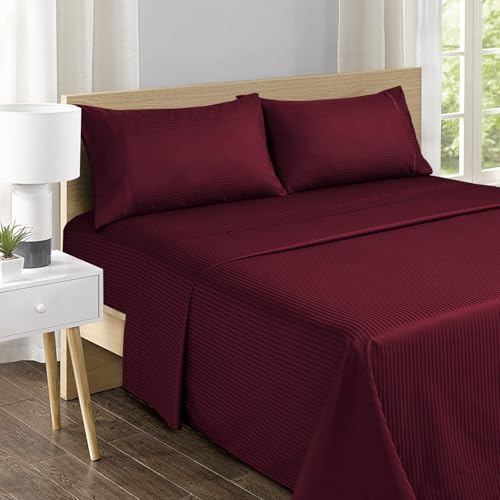 Image of Feather & Stitch 500 TC Split King Size Sheet Set, 5 Piece Sheets Set-2 Twin Fitted Sheet, 1 King Flat Sheet & 2 King Pillowcases, 18 inch Deep Pockets Sateen Weave Striped Bedsheet - (Burgundy Stripe)