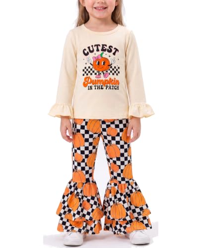 Image of Unique Baby 2 Piece Girls Double Bell Bottom Leggings Outfit with Long Sleeved Shirt Kid and Toddler Clothes Set