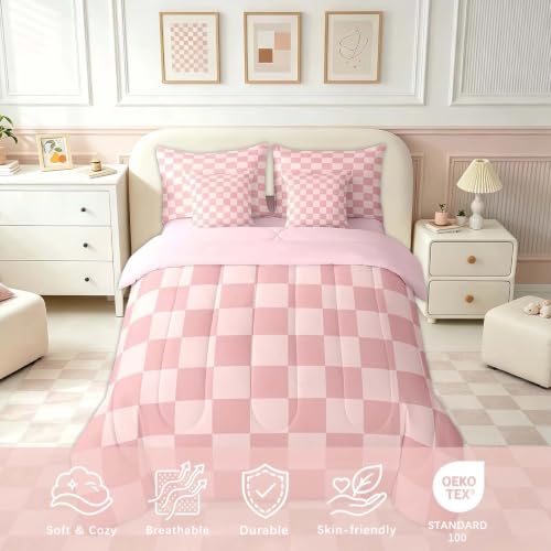 Image of Feelyou Checkered Retro 7 Piece Bedding Set Teen Women Men Pink Gradient Plaid Comforter Set with Sheets King Size Kids Boys Geometric Vintage Bed in a Bag Modern Simple Groovy Aesthetic Room Decor