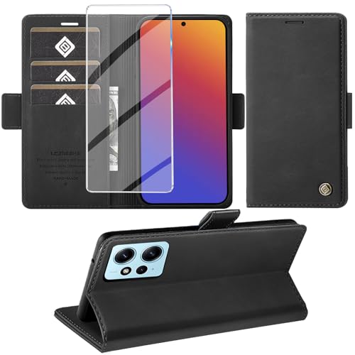 Giyer Handyhülle für Xiaomi Redmi Note 12 4G Hülle mit Displayschutzfolie Schutzhülle PU Leder Wallet Flip Case Ständer Kartenfach Klapphülle für Xiaomi Note 12 4G Tache (Schwarz)