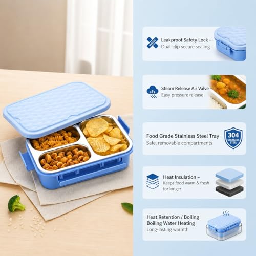 Image of Insulated Stainless Steel Lunch Box with Textured Lid | 3 Compartments | 525ml | BPA Free | Leakproof | Microwave Safe Without Lid | Bento Tiffin Box for Office School Travel (Sky Blue, 3)