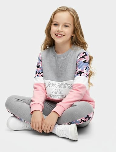 Image of PATPAT Girls 2 Piece Outfits Size 5-6 Years, Grey Camouflage Print Sweatshirts and Leggings Clothing Sets Sweatsuit Fall Outfits Joggers Lounge Set Tracksuit Kids Clothes Girls