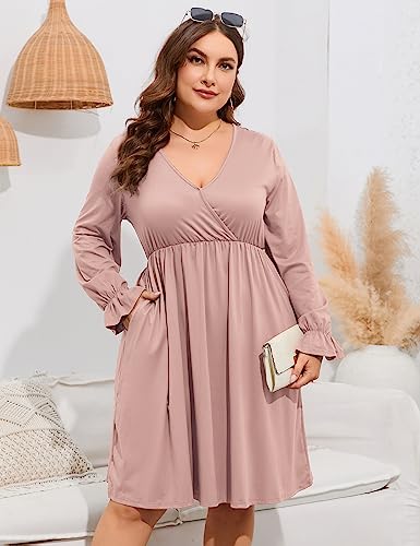 Image of ShopWonder Plus Size Dress Women's V Neck A-Line Knee Length Wrap Swing Dresses Plus Size A Line Party Mini Dress