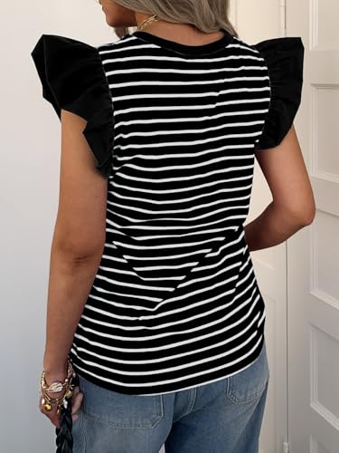 Women's Ruffle Cap Short Sleeve Striped T Shirts Summer Casual Loose Fit Top Basic Tee Tunic Tops4