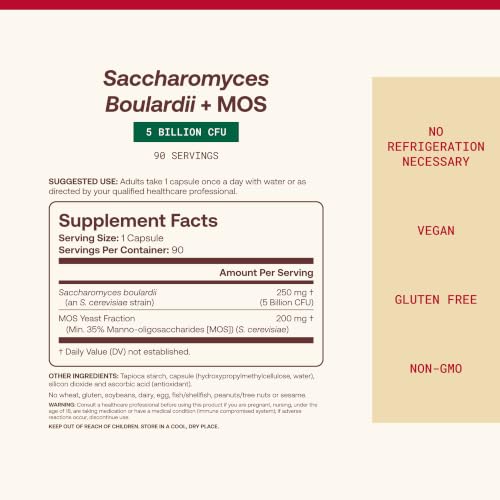 Image of Jarrow Formulas Saccharomyces Boulardii + MOS Probiotics for Digestive Health and Intestinal Tract Support - 5 Billion CFU Per Serving - 90 Delayed Release Caps - Probiotic + Prebiotic - 90 Servings