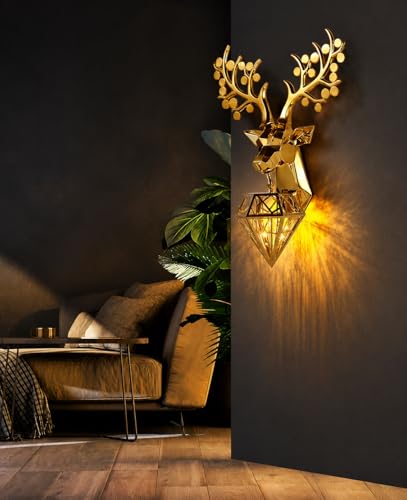 Image of Modern Metallic Golden Deer Wall Sconce with Diamond Cage Light, Metal Wall Art, Antler Design, Decorative Wall Lamp for Living Room, Bedroom, Home, Hotel, Cafe with Filament Bulb (Deer)