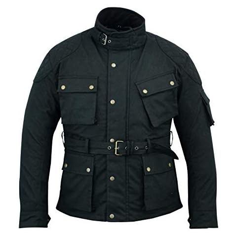 Men's Wax Cotton Waxed Motorcycle Jacket, Motorbike Top | Waterproof Lined | Armoured Biker Textile Winter Coat for men | Touring | Urban | Riding - Black (Large) Cover