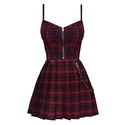 PangTuZiYin Vestido Rosa Plisado a Cuadros para niñas góticas Estilo Preppy Rojo Negro Correa de Espagueti Sexy Mini Vestidos Cortos sin Mangas Ropa de Calle gótica