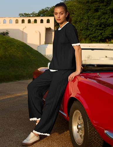 Image of Lumister Two Piece Sets for Women Sweater Sets Short Sleeve Knit Pullover Tops Wide Leg Pants Lounge Sets