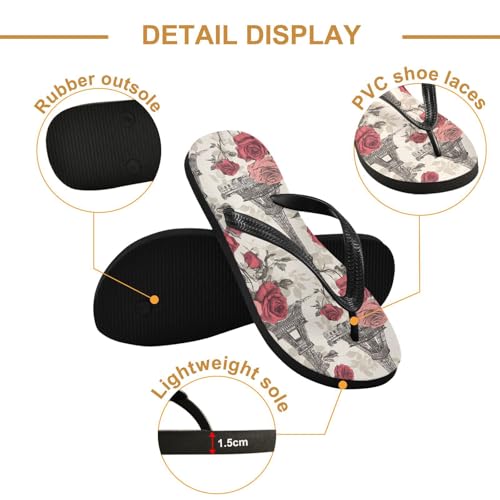 ALAZA Retro Eiffe Tower Red Rose Flip Flops for Women Fashion Beach Slippers Comfort Mens Flip Flops Non-Slip Rubber Shower Slippers Sandal for Hotel Travel Sport,XS3