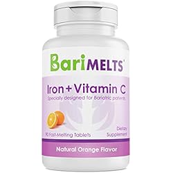 BariMelts Iron with Vitamin C, Dissolvable Bariatric Vitamins for WLS Patients Including Gastric Bypass and Sleeve Gastrectomy, Natural Orange Flavor - 90 Fast Melting Tablets