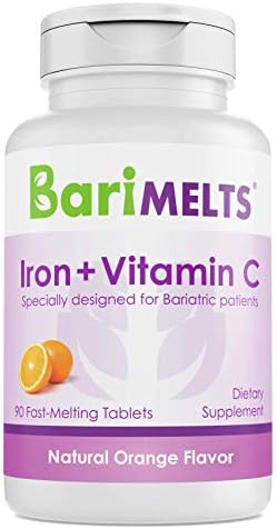 BariMelts Iron with Vitamin C, Dissolvable Bariatric Vitamins for WLS Patients Including Gastric Bypass and Sleeve Gastrectomy, Natural Orange Flavor - 90 Fast Melting Tablets