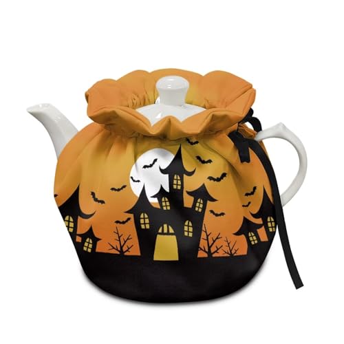 Image of Halloween Bats Moon Dust Cover with Drawstring, Dustproof Teapot Cozy Breakfast Warmer Tea Kettle Quilt for Home Kitchen Table, Red Christmas Decor