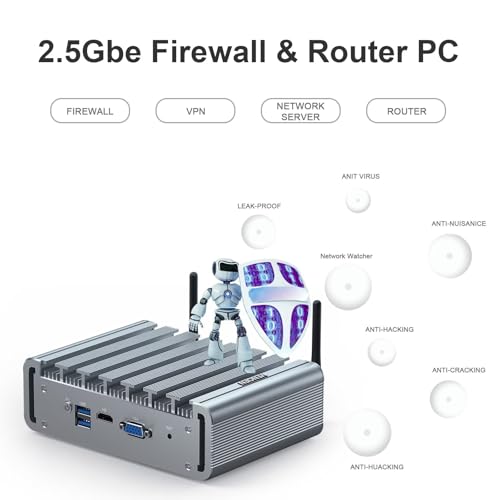 Image of VENOEN Fanless Mini PC 4 x 2.5Gbe LAN Port, Firewall Network Router Appliance Celeron J4125, 8GB RAM /256GB SSD 1TB HDD Firewall Router PC, AES-NI, 12V, Wifi, HD,VGA,Auto Power On, Win 10 /Linux