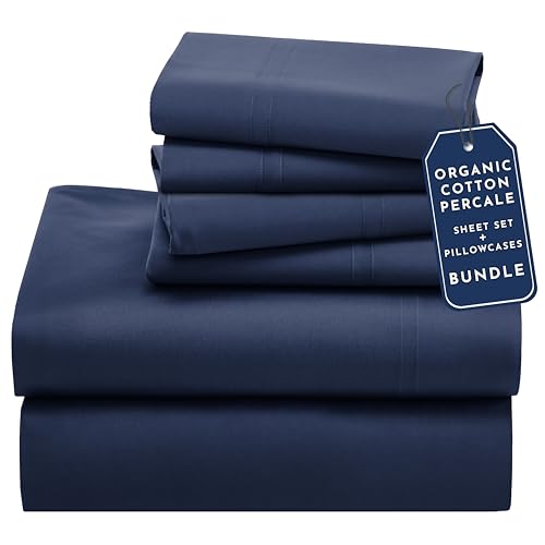 California Design Den Bedding Bundle - King Sheet Set with 4 Pillowcases, 100% Organic Cotton Percale (Navy Blue)