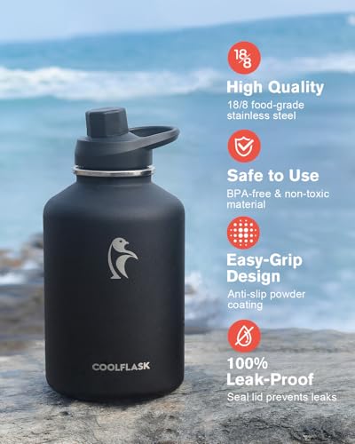 Image of Coolflask 64 oz Water Bottle Insulated with PU Leather Sleeve & 3 Lids