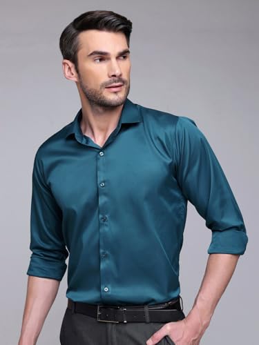 Image of IndoPrimo Men's Satin Shirt with Spread Collar Neck Line Solid Pattern Full Sleeves Regular Fit Western Style and Standard Length