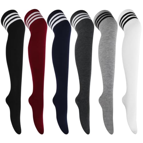 Image of AQOKKA Thigh High Socks for Women Striped Over Knee Thigh Socks Long Boot Thigh High Stockings Leg Warmers for Girls