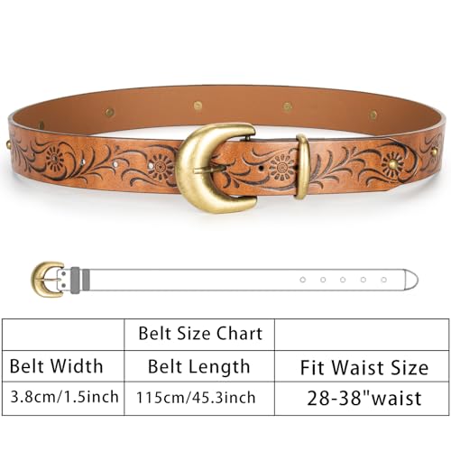 Women Leather Belt for Jeans Pants Western Cowboy Cowgirl Belt Embossed Floral Country Belts with Gold Buckle 7