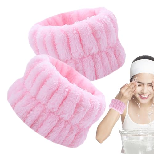 Fellflying Bracelets de lavage du visage - 2 bandes absorbantes en molleton de corail pour le visage et le poignet,Bracelets de soin de la peau moelleux, serviettes de poignet élastiques pour laver le