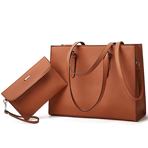 Laptop Bag For Women 15.6 Inch Laptop Tote Bag Leather Classy Computer Briefcase Work Waterproof Handbag Professional Shoulder Bag Womens Business Office Large Capacity Bag Purse 2Pcs Set-Brown #TOP12