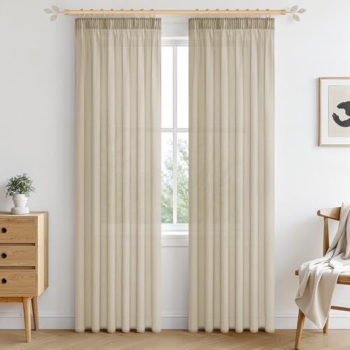 MRTREES Living Room Curtains, Ruffle Tape, Beige, 235 x 140 cm (H x W), 2 Pieces, Bistro, Voile, Kitchen, Transparent, Country House, Children's Room