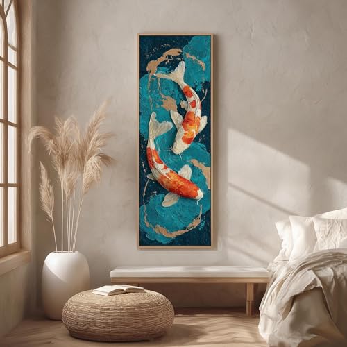 Tableau vertical poissons koi bleu sarcelle et or pour mur