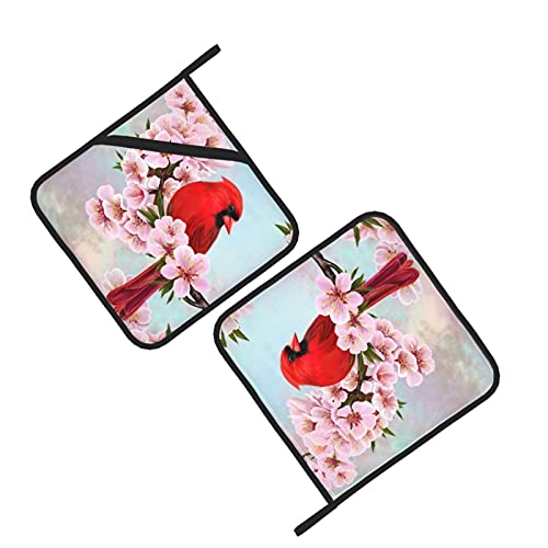 Evava Potholders 2 Pieces Set, Red Cardinal Bird Pink Flowers Hot Pads With Anti-Scald Cotton Infill Material Birds One Size #TOP8