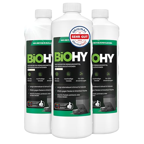 BiOHY środek czyszczący do robota mopującego do stacji czyszczących (3 x 1 litr), przedłuża żywotność stacji odsysającej, koncentrat do czyszczenia podłóg o niskiej zawartości pianki