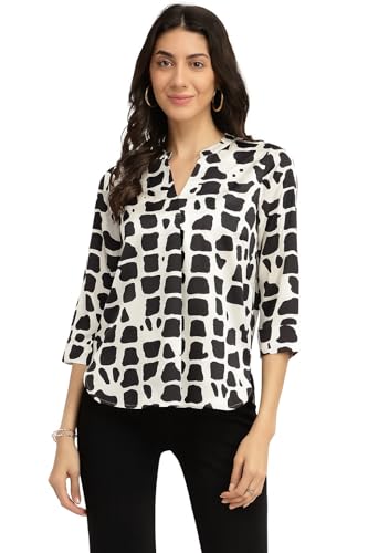 Image of FableStreet Women Shirt Work & Casual | Relaxed Fit Mandarin V-Neck Three-Quarter Sleeves Solid Pattern | Breathable Woven Fabric for Office & Everyday Wear
