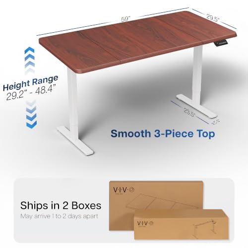 Image of VIVO Dark Walnut 60 x 30 in Standing Desk, DESK-KIT-1W6D-30 | Electric, Holds 220 lbs, Sit Stand, Height Adjustable, Extra Deep Table Top, Memory Presets, 1B Series, White Frame