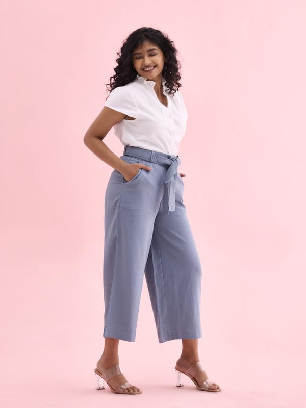 Image of GO COLORS Solid Linen Culottes for Women | High Rise, Side Pockets, Front tie-up