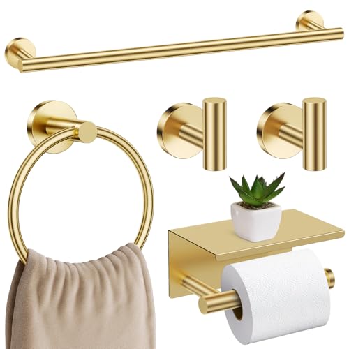 Brushed Gold Bathroom Hardware Set, 5 Pieces Gold Towel Bar Bathroom Accessories, Upgraded Toilet Paper Holder with Shelf Set, 23.6 Inch Towel Rack Towel Holder for Bathroom Wall