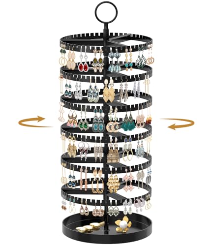 MODOWEY 6 Tier Rotating Earring Holder Organizer Display Tree with Metal Tray Adjustable Plastic Stand with 342 Slots for Stud Hoop Hanger Large Capacity Storage Rack for Women Space Saving Black