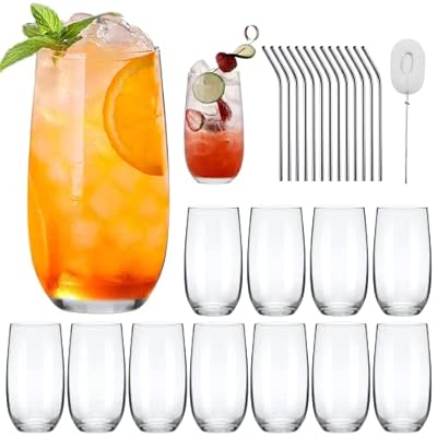 QAPPDA Drinking Glasses Set of 12,16 OZ Highball Glasses with Straws,Clear Tall Water Glasses Premium Cocktail Glasses Beverage Cups Mojito Glassware for Juice,Mixed Drinks