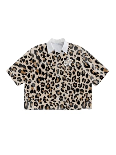 Men's Oversized Leopard Print Tops Number Graphic Tees Short Sleeve Baggy Cheetah Button Up T Shirts