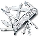 Victorinox Schweizer Taschenmesser Huntsman, Multitool, Swiss Army Knife mit 15 Funktionen, Klinge, Korkenzieher, Dosenöffner, Faltschachtel, Silber Transparent