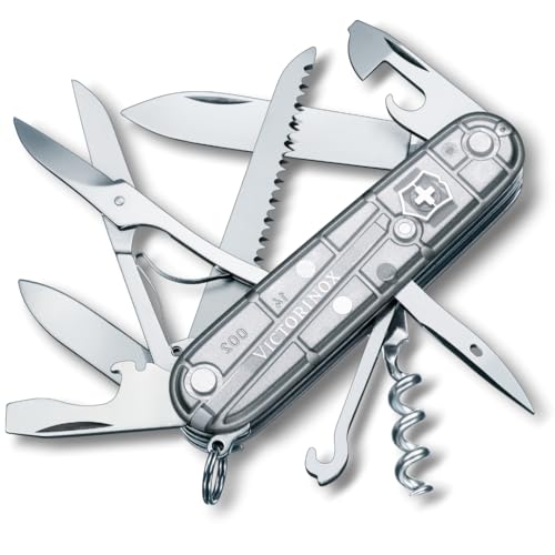 Victorinox Schweizer Taschenmesser Huntsman, Multitool, Swiss Army Knife mit 15 Funktionen, Klinge, Korkenzieher, Dosenöffner, Faltschachtel, Silber Transparent