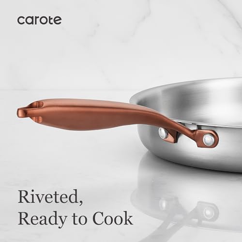 Image of CAROTE 7-Piece Tri-Ply Stainless Steel Frying Pan Set, Skillet Set 8 inch /10 inch /12 inch, Induction Compatible, Oven & Dishwasher Safe, Gold Handle
