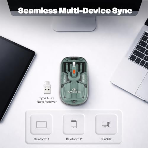 Image of Amkette Epic TP Advanced Transparent Wireless Mouse /Bluetooth Mouse Rechargeable, USB-A+USB-C Nano Receiver, 3200DPI, Type-C Charging, 3 Device Connectivity for Laptop, PC, MacBook, Tablet & More