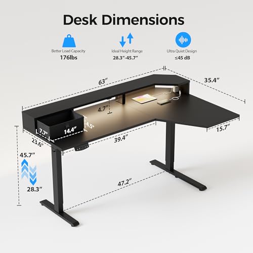 Image of Agilestic 63 Inch L Shaped Electric Standing Desk with Shelf, Height Adjustable Large Desk with Power Outlets & LED, Corner Sit Stand Up Table with Monitor Stand, Computer Workstation, Black