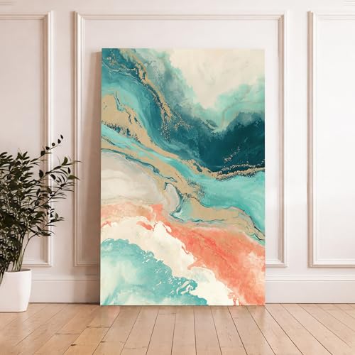 Image of Abstract Fluid Stretched Canvas Painting For Living Room | Turquoise Marble Stretched Canvas Wall Art For Livingroom Home Decor, Bedroom, Hallway's, Office, Hotel - 56x86 cm