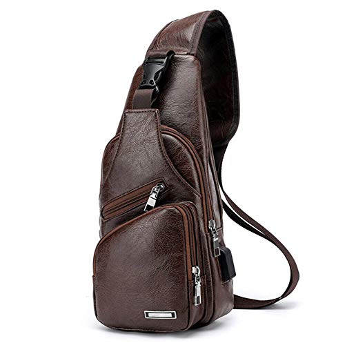 Leobtain Men's Sling Bag PU Leather Vintage Elegant Crossbody Backpack Purse with USB Charging Port and Headphone Port Chest Shoulder Bag for Business Casual Sport Travel