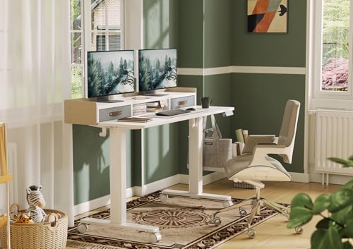 Image of Claiks Standing Desk with Drawers & Wheels, 2 Height Shelf 63 inch White