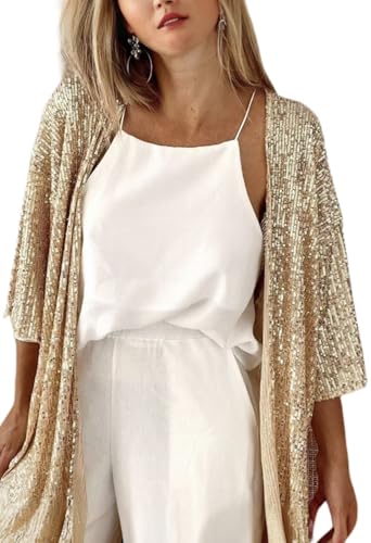Women's Sequin Cardigan Casual 3/4 Sleeve Shinny Coat Open Front Sparkle Outwear Party Evening Glitter Cardigans