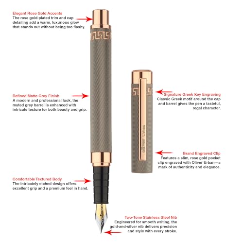 Image of Oliver Urban Fountain Pen - Matte Grey Textured Body with Rose Gold Accents, No.5 Dual-Tone Stainless Steel Nib, Premium Gift Box