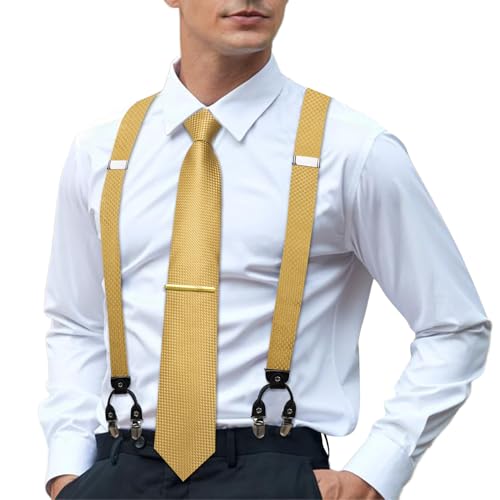 Image of Hi-Tie Men's Suspenders and Tie Set Silk Adjustable Elastic Y Braces with Strong 6 Clips Pocket Square Set