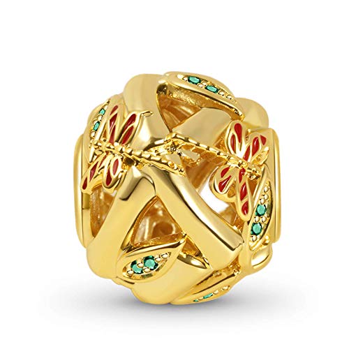 Gnoce Dragonfly & Bamboo Charm Bead Sterling Silver Gold Plated Charm Inlaid With Stones Fit Bracelet/Necklace Charm For Women Girls Wife Daughter #TOP19