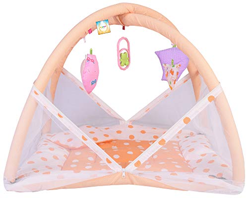 Image of Kwitchy Baby Bedding Set New Born Baby Bed Mattress with Mosquito Net Play Gym Playmat Cotton Bed with Hanging Toys (0-6 Months, Orange)